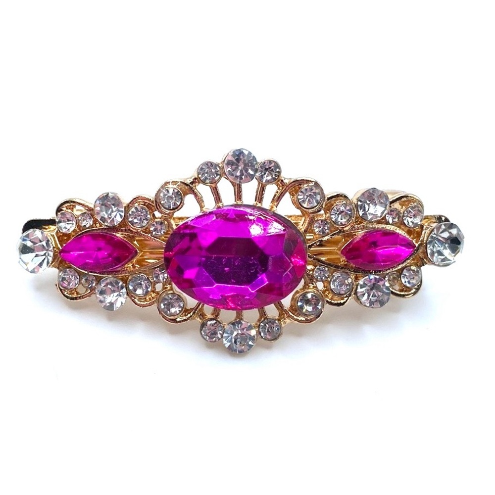 Hair Clip Gold Tone Fuschia Pink Clear Rhinestones